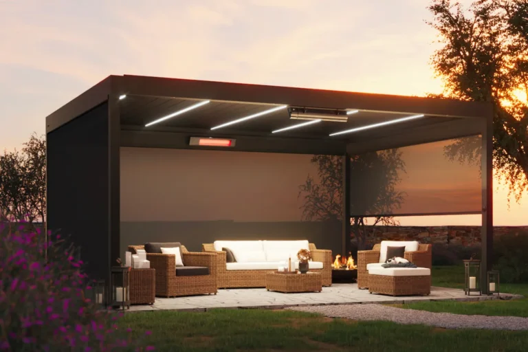 Lamellendach von Brustor: freistehende Pergola B160 mit LED-Beleuchtung, Heizer und Zip-Screens